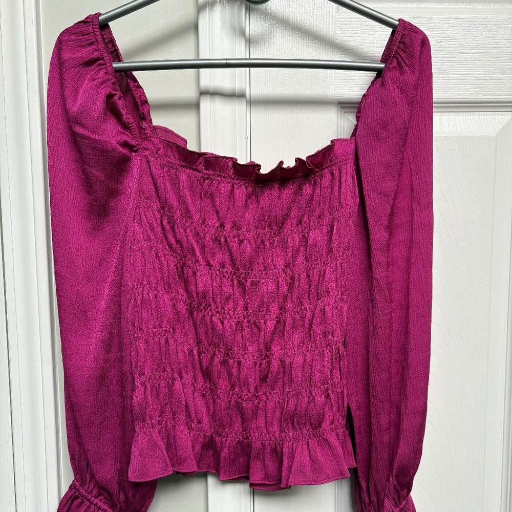 A New Day Magenta Ruched Long Sleeve Blouse